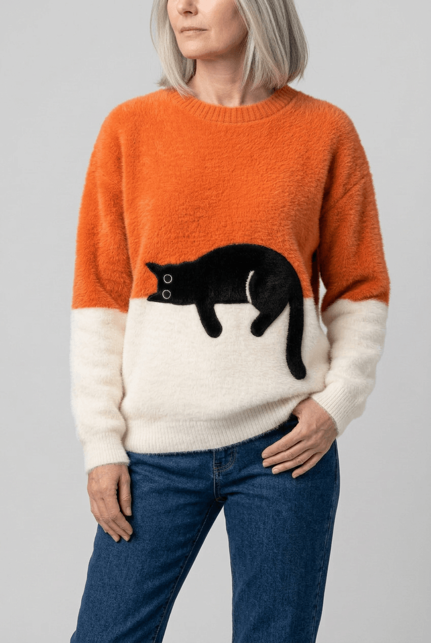 Women's Cat Motif Knit Jumper | Ribbed Crewneck