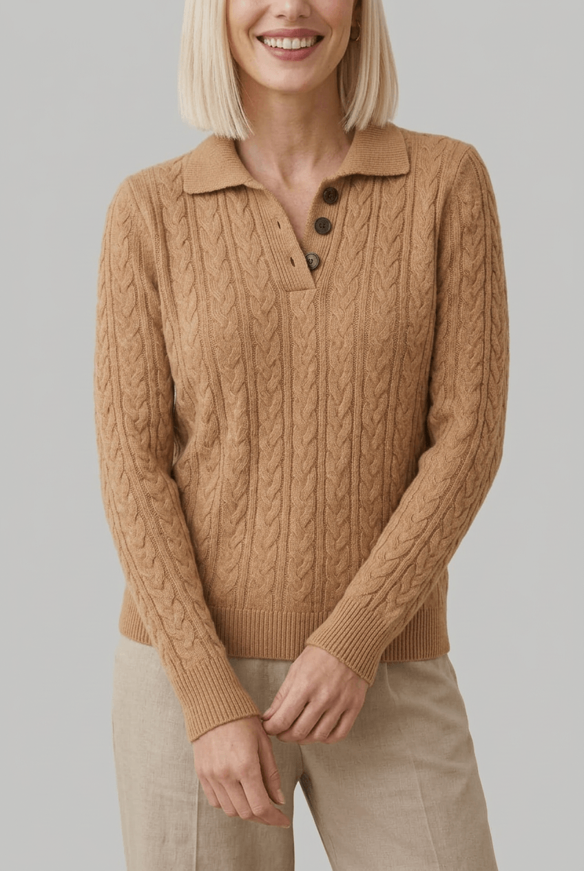 Women's Cable Knit Jumper | Button Stand Collar