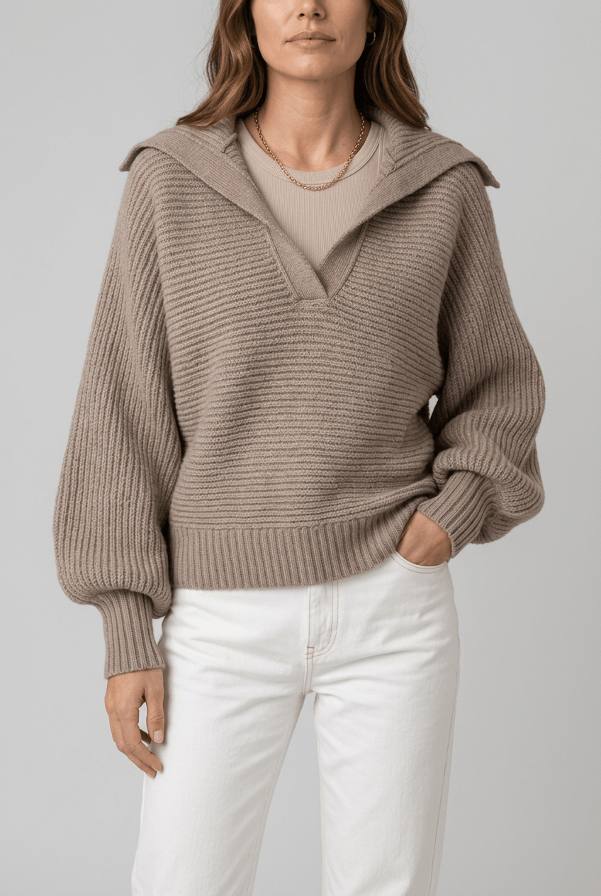 Women's Collared Knitted Jumper | V-Neck & Balloon Sleeves