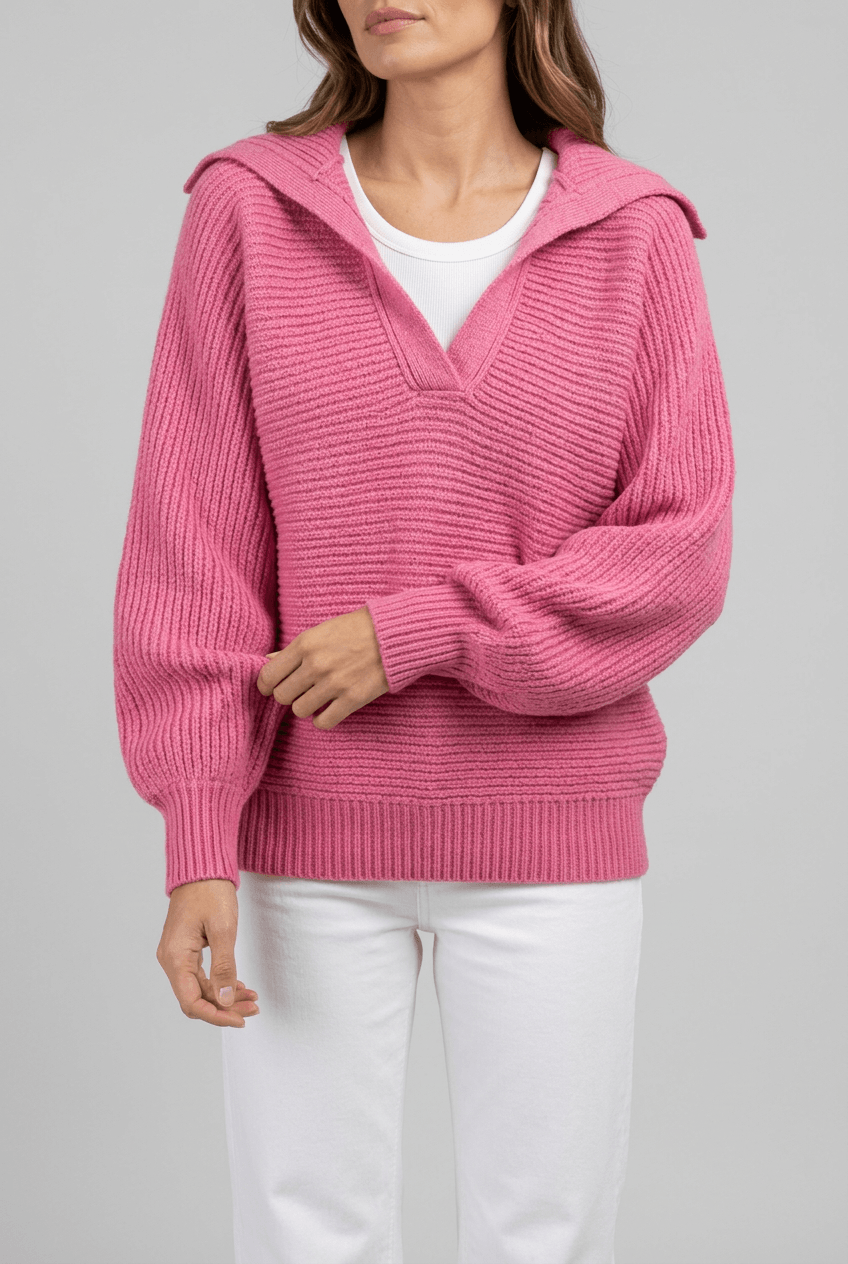 Women's Collared Knitted Jumper | V-Neck & Balloon Sleeves