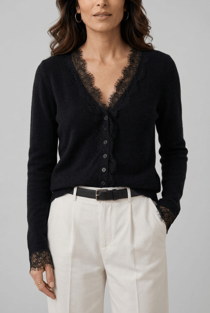 Women's Cardigan | Lace-Look Trim & Button Front