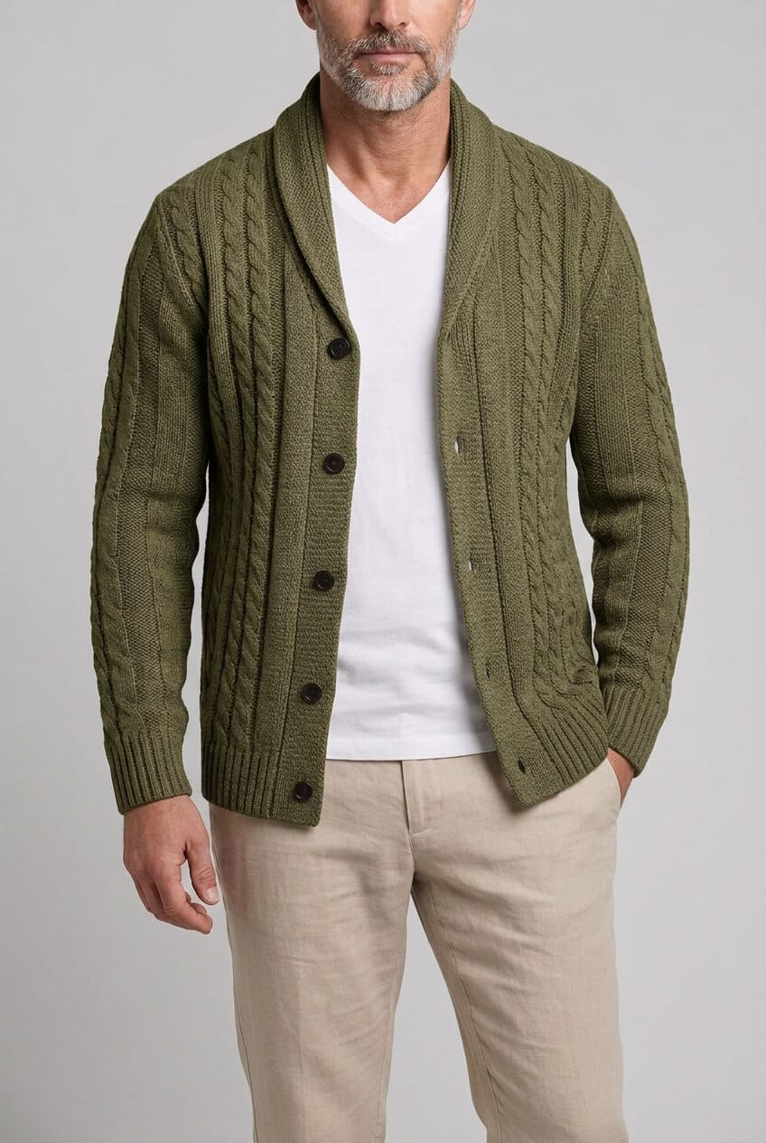 Men's Cable Knit Cardigan | Shawl Collar & Button Front