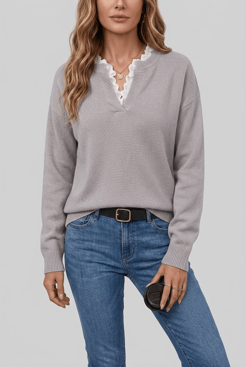 Women's V-Neck Jumper | Contrast Trim & Ribbed Cuffs