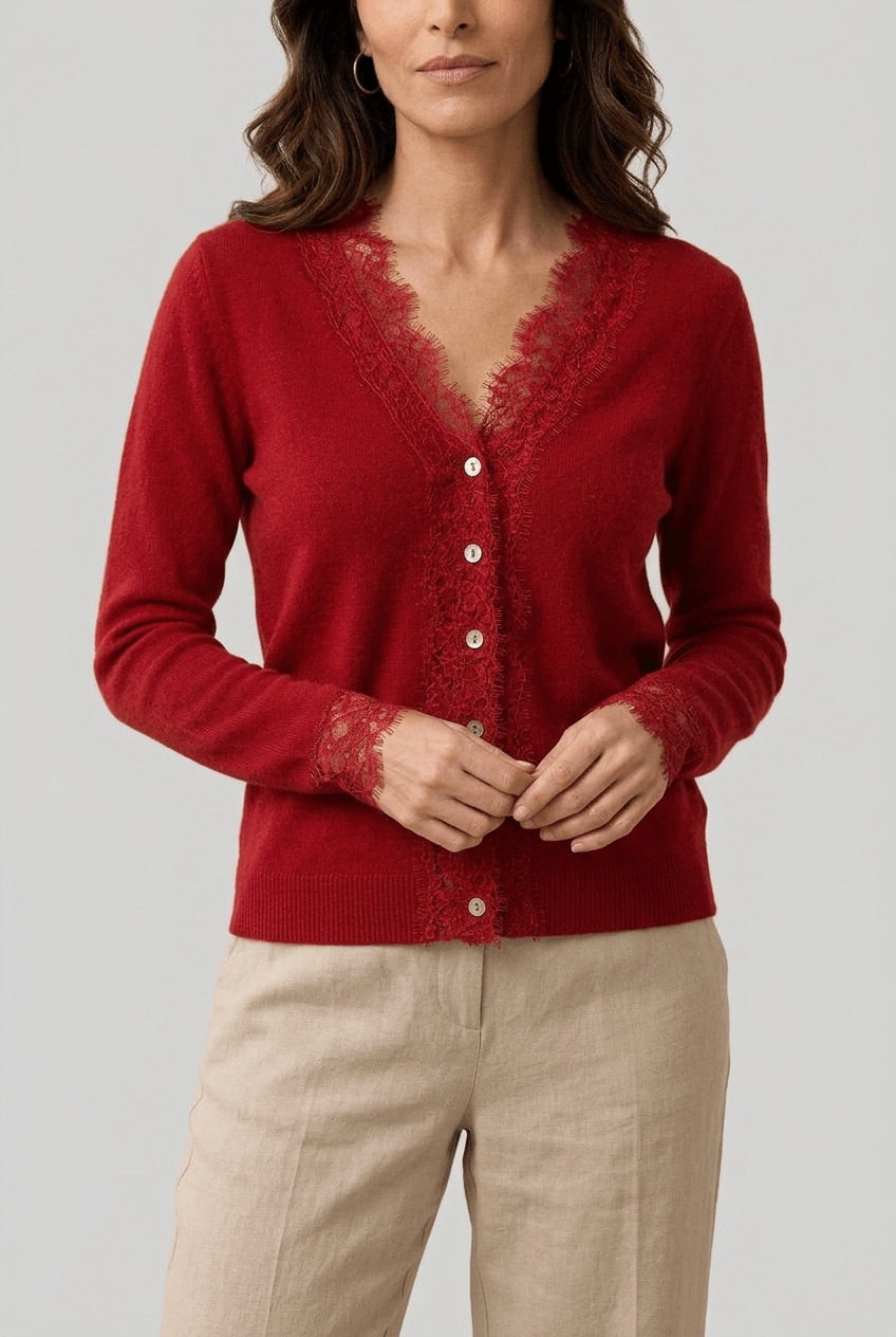 Women's Cardigan | Lace-Look Trim & Button Front