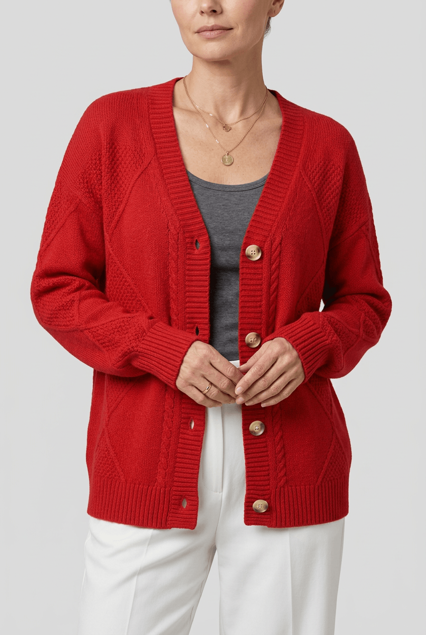 Woman's V-Neck Button-Front Cardigan | Cable Knit