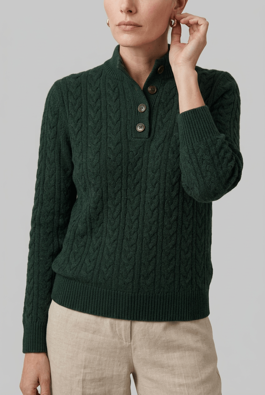 Women's Cable Knit Jumper | Button Stand Collar