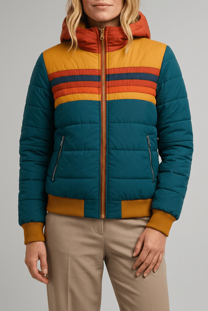 Women's Hooded Puffer Jacket | Colour Block Stripe