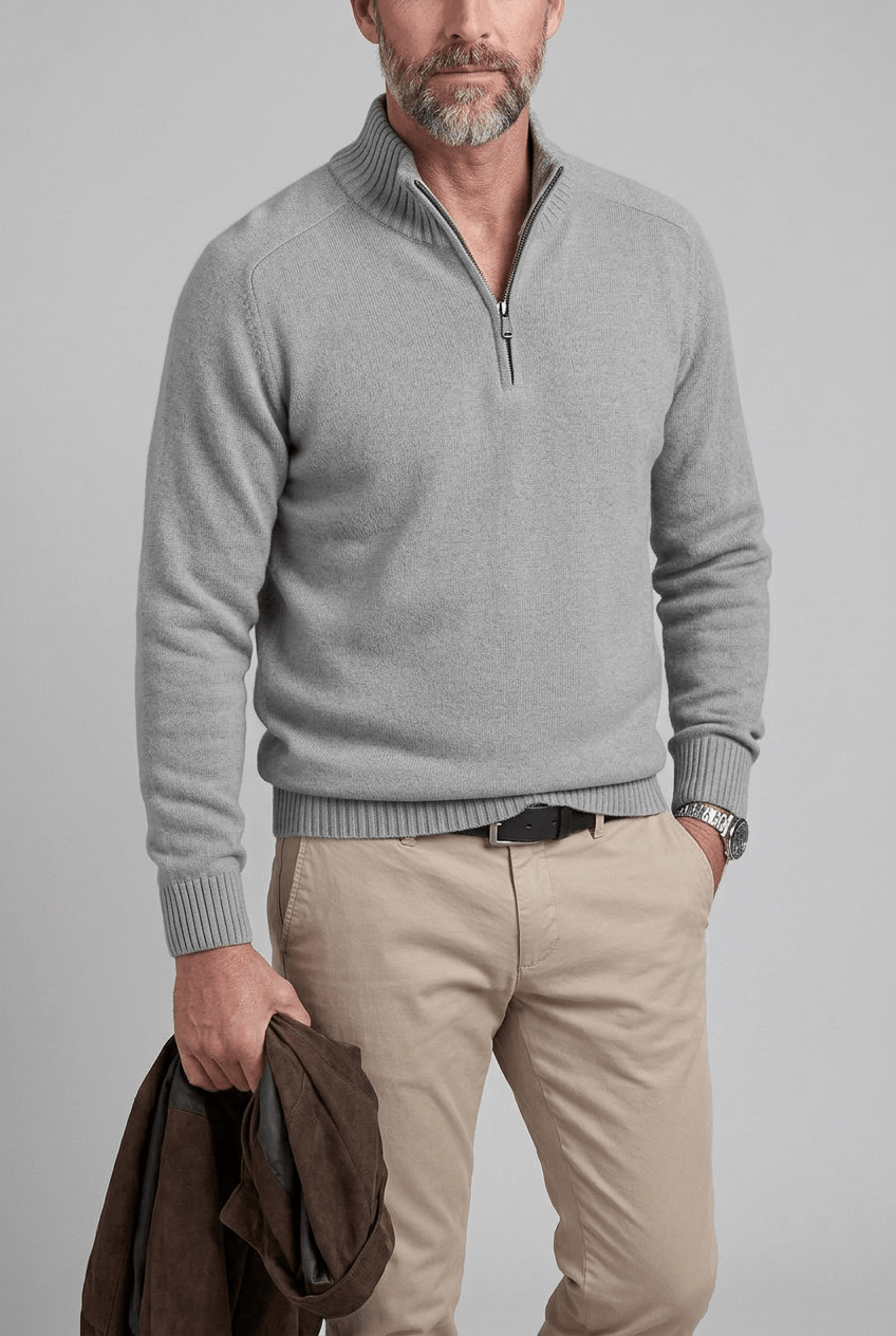 Men's Quarter Zip Sweater | High Collar and Ribbed Cuffs