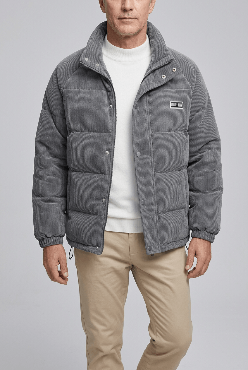 Men's Full Zip Puffer Winter Jacket | Stand-Up Collar & Drawcord Hem