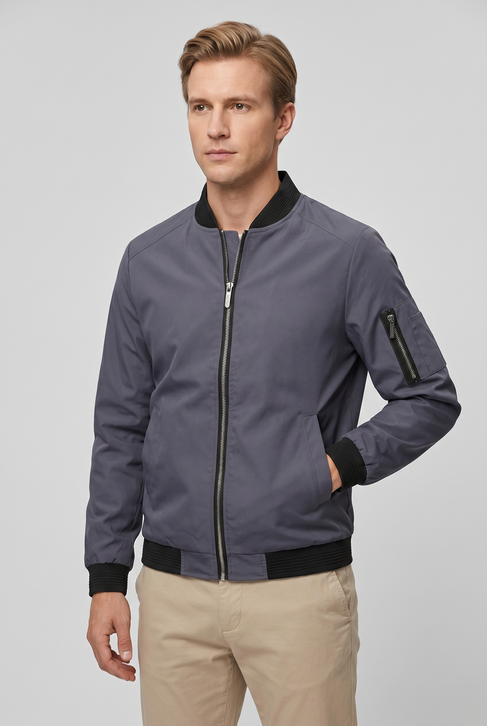 Men’s Stand Collar Zip Up Bomber Jacket | Sleeve Pocket