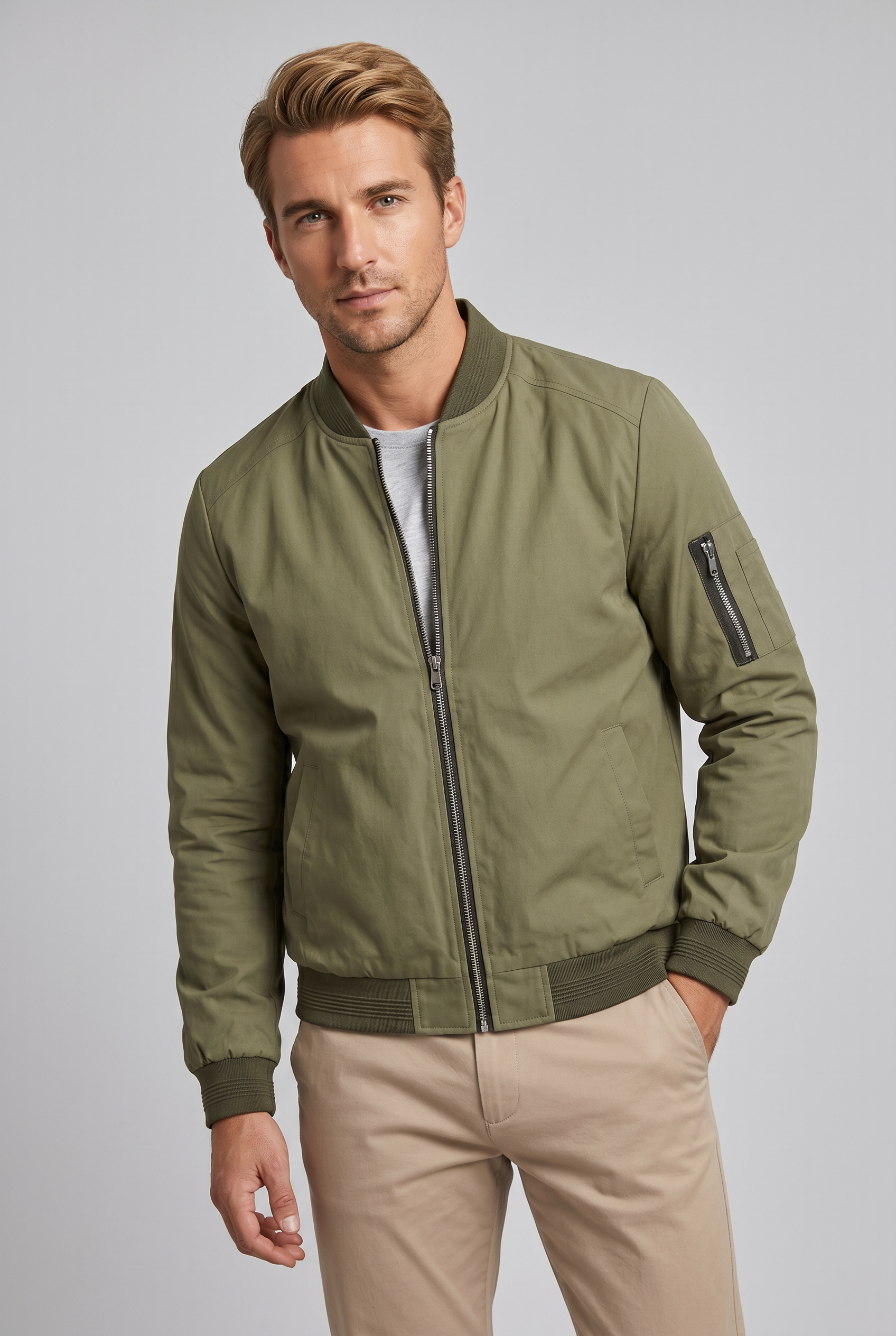 Men’s Stand Collar Zip Up Bomber Jacket | Sleeve Pocket