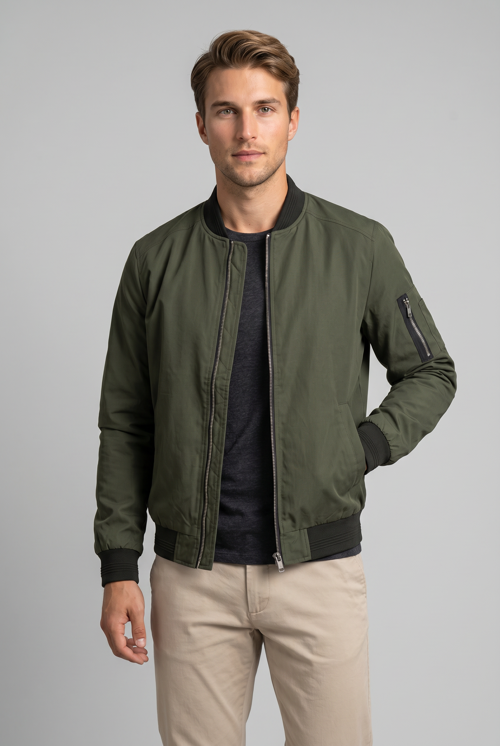 Men’s Stand Collar Zip Up Bomber Jacket | Sleeve Pocket
