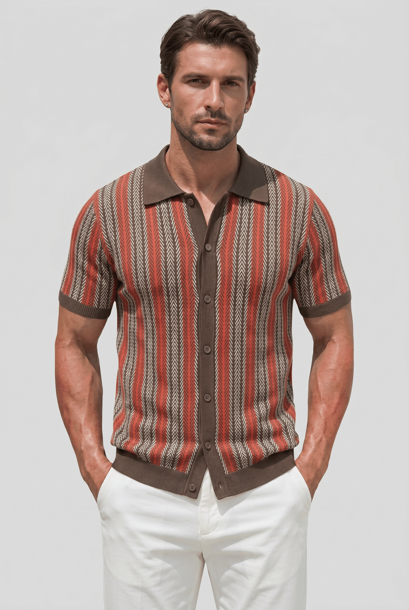 Men’s Collared Short Sleeve Button Up Striped Shirt | Ribbed Hem