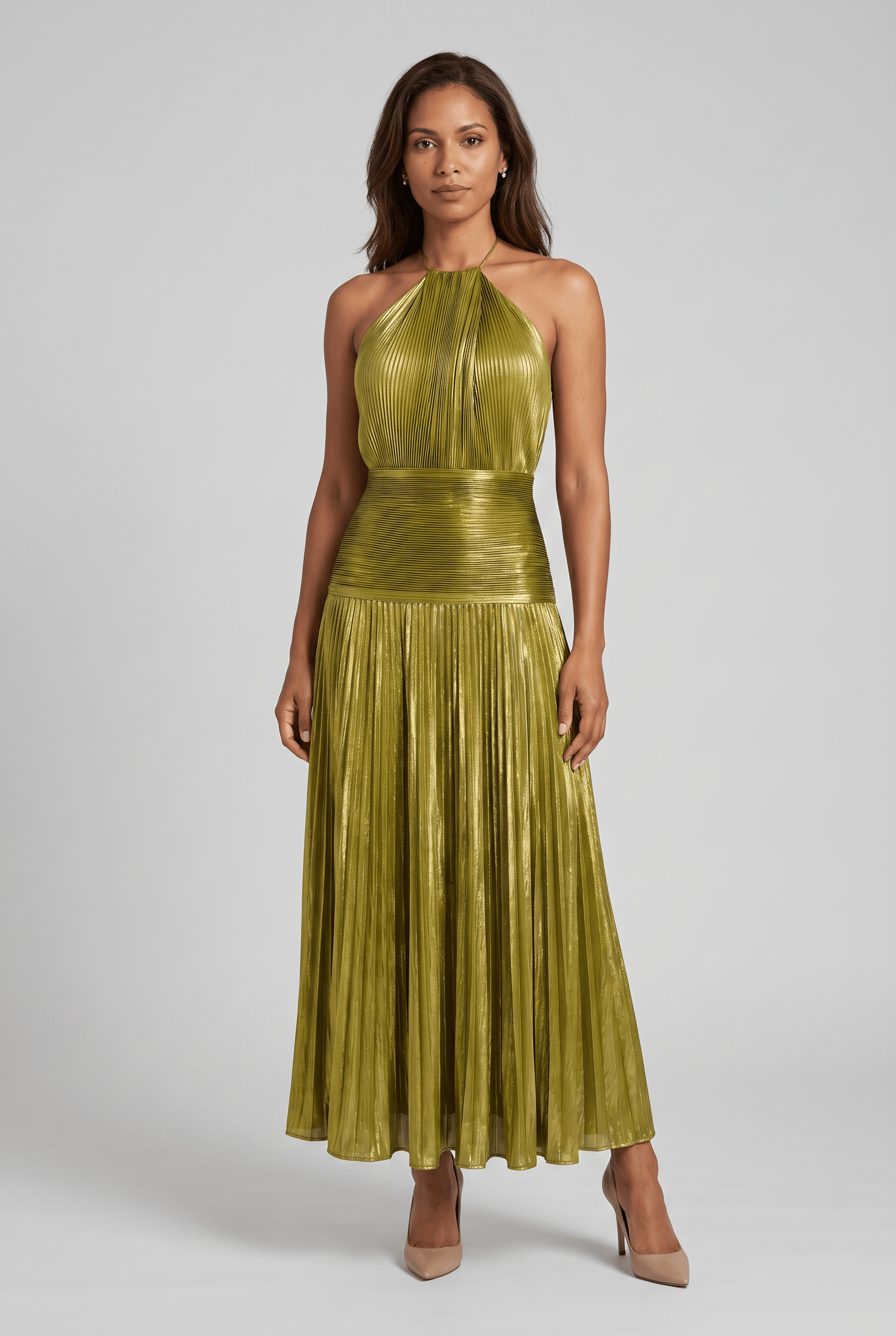 Women’s Halter Neck Pleated High Slit Dress | Maxi