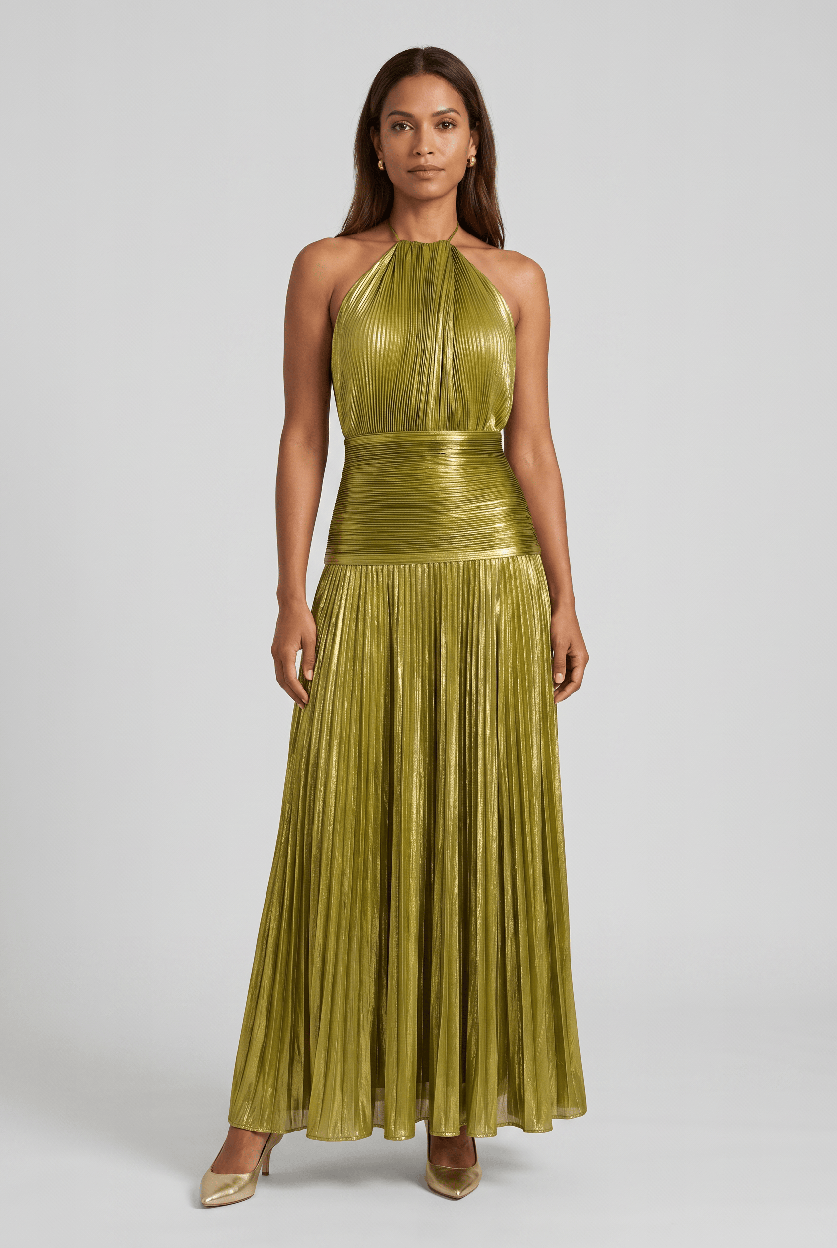 Women’s Halter Neck Pleated High Slit Dress | Maxi