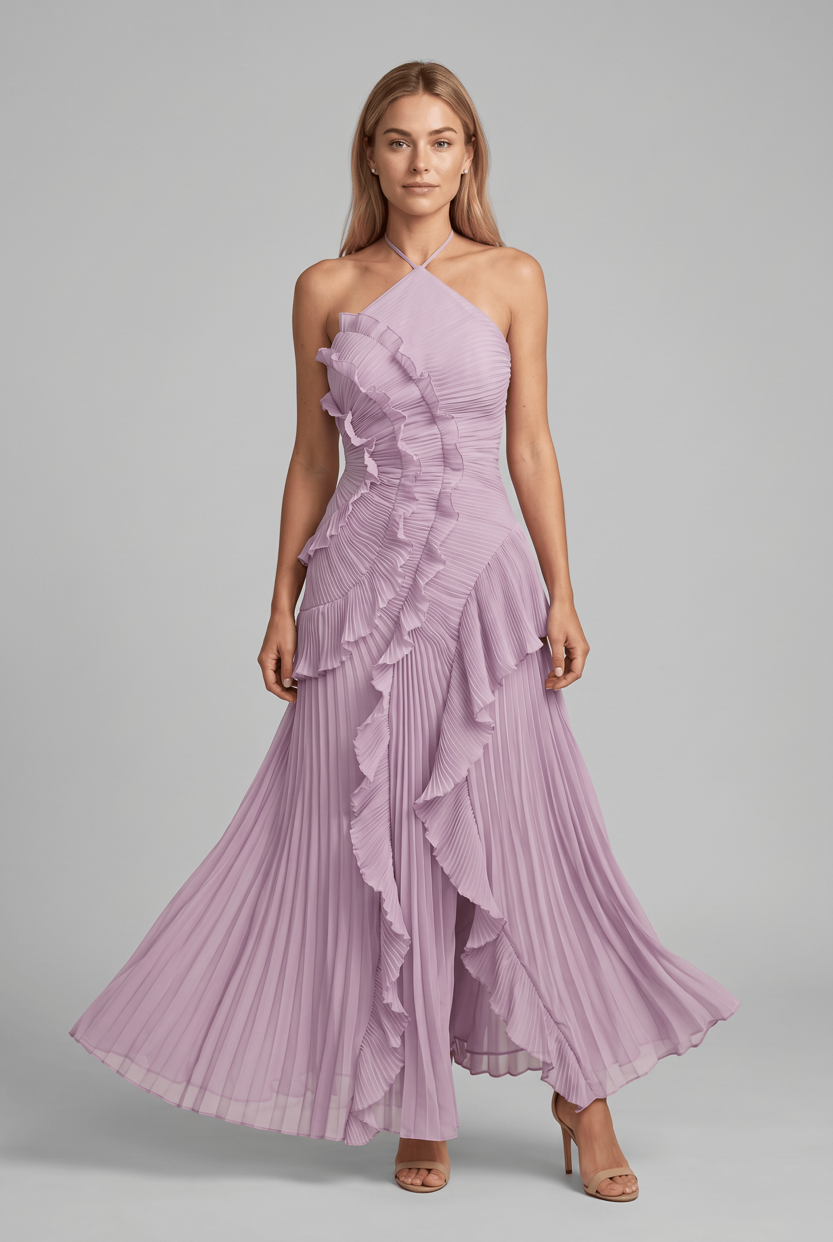Women’s Halter Neck Sleeveless Ruffle Pleated Dress | Maxi