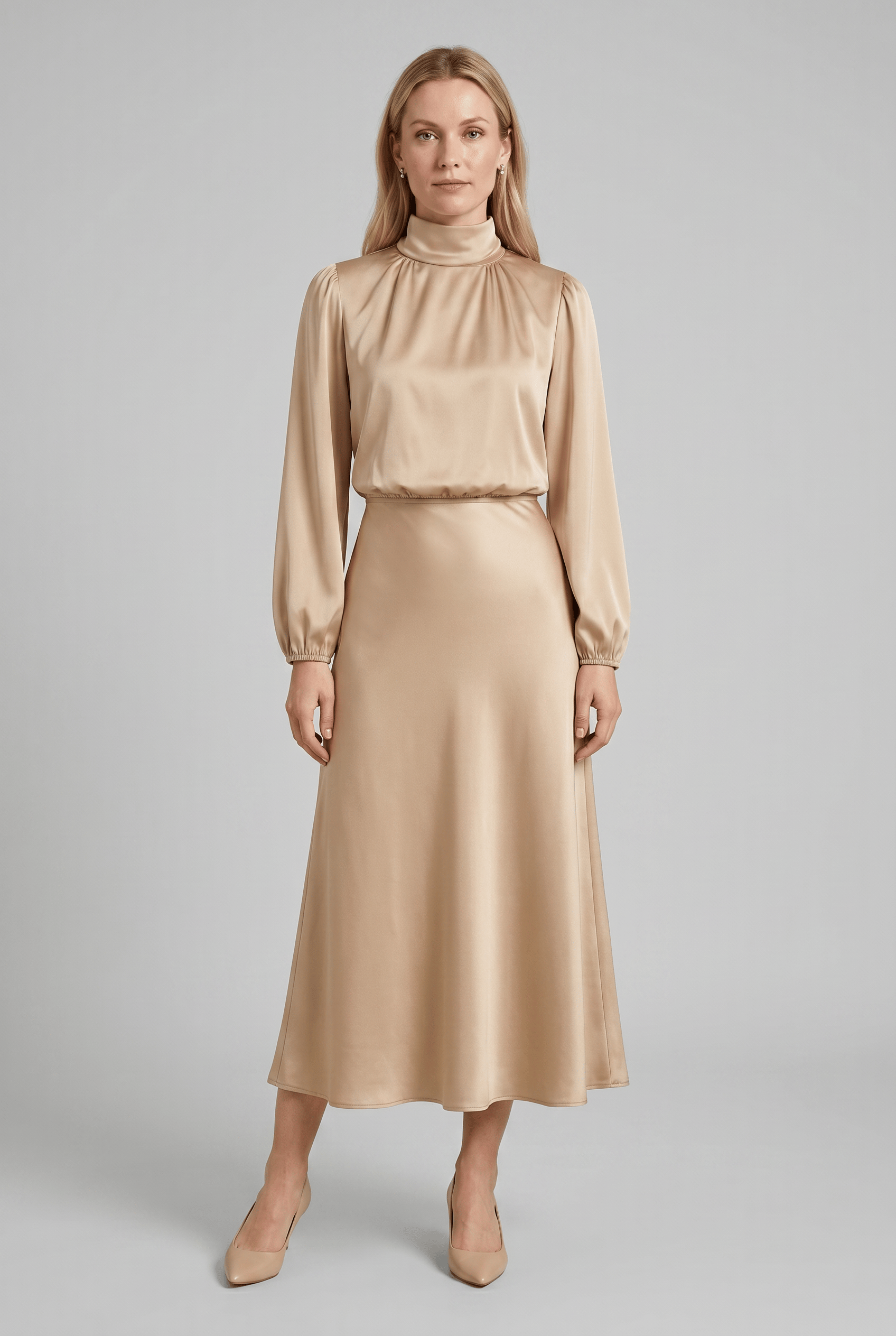 Women’s Mock Neck Long Bell Sleeves Pleated Dress | Midi