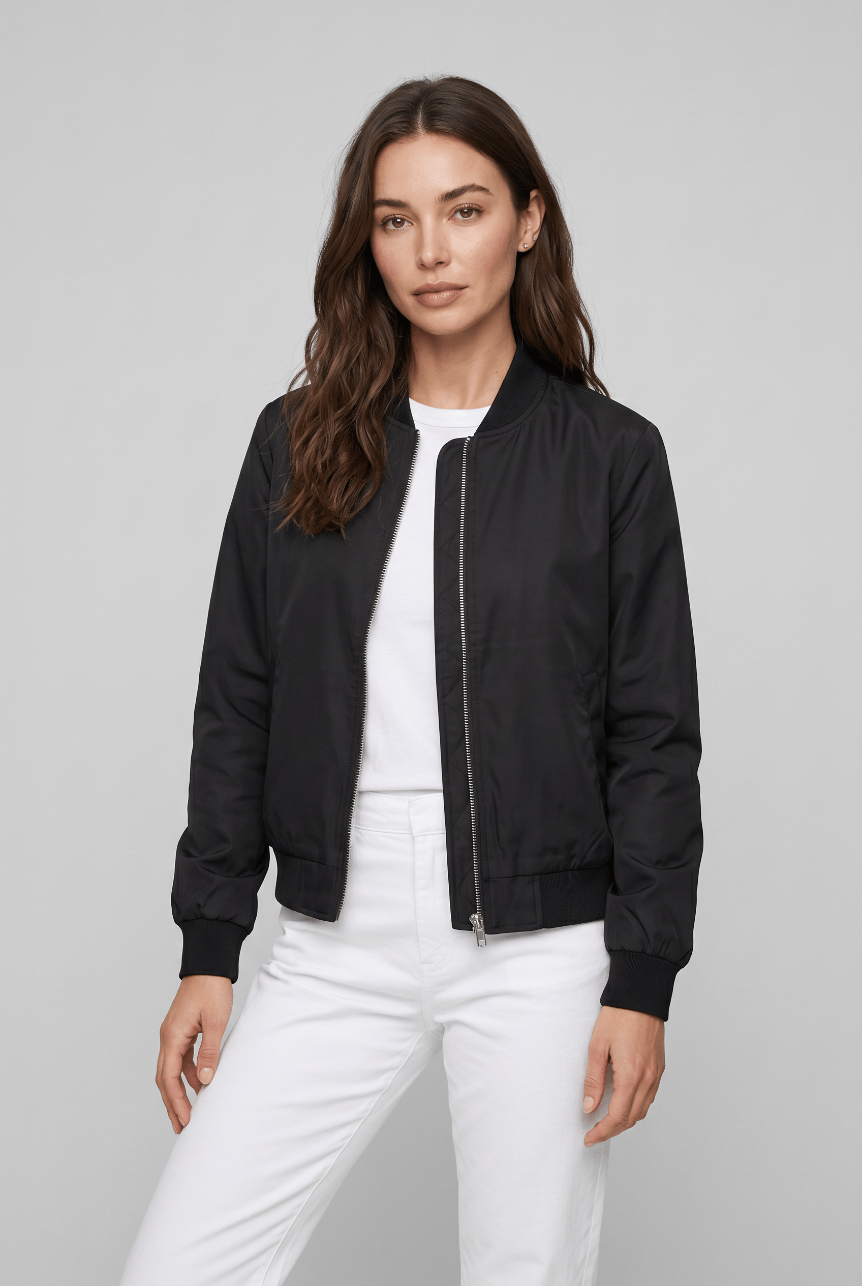 Women's Stand Collar Long Sleeves Casual Bomber Jacket | Zip Up