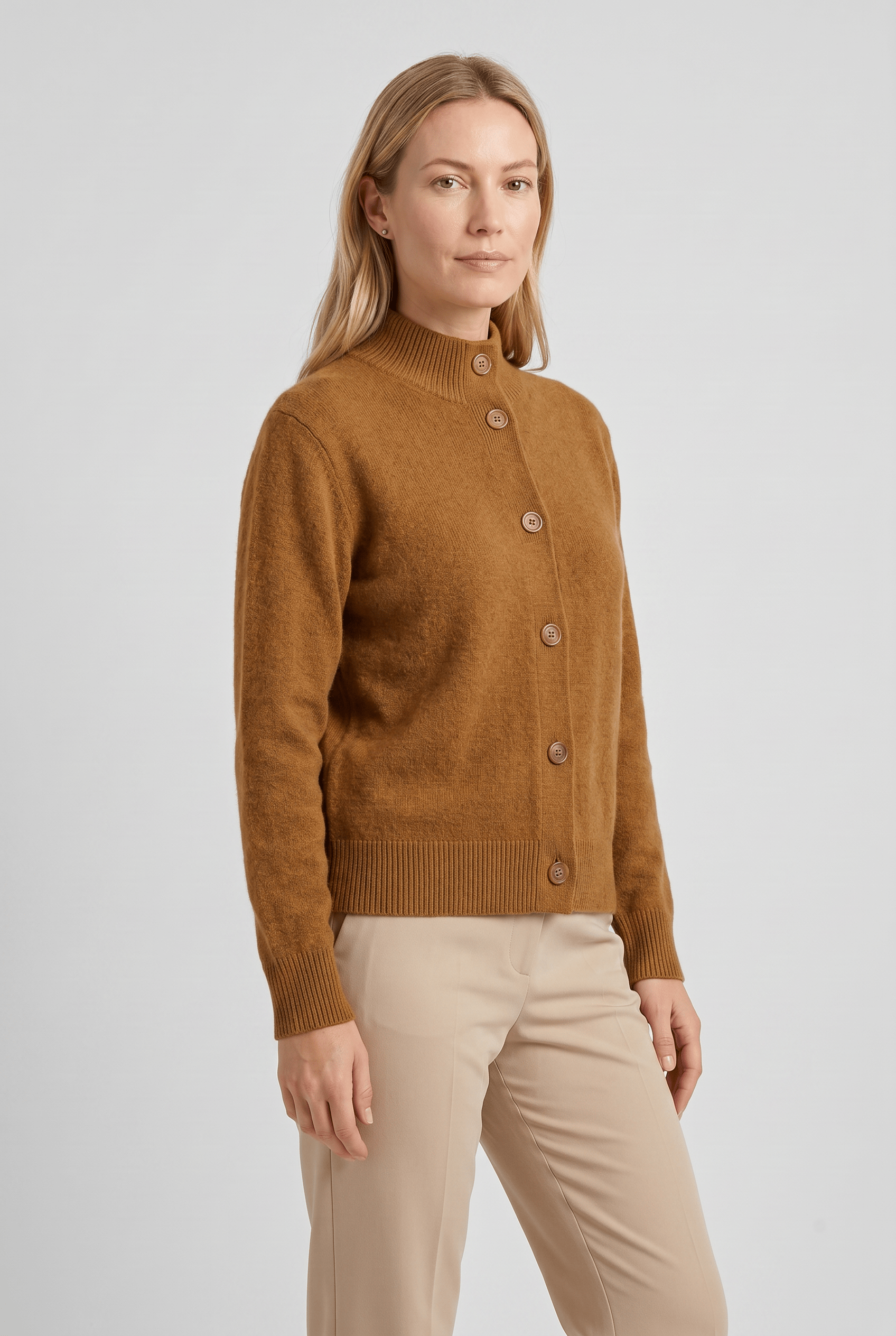 Women's Stand Collar Long Sleeves Knit Button Cardigan | Ribbed Cuff