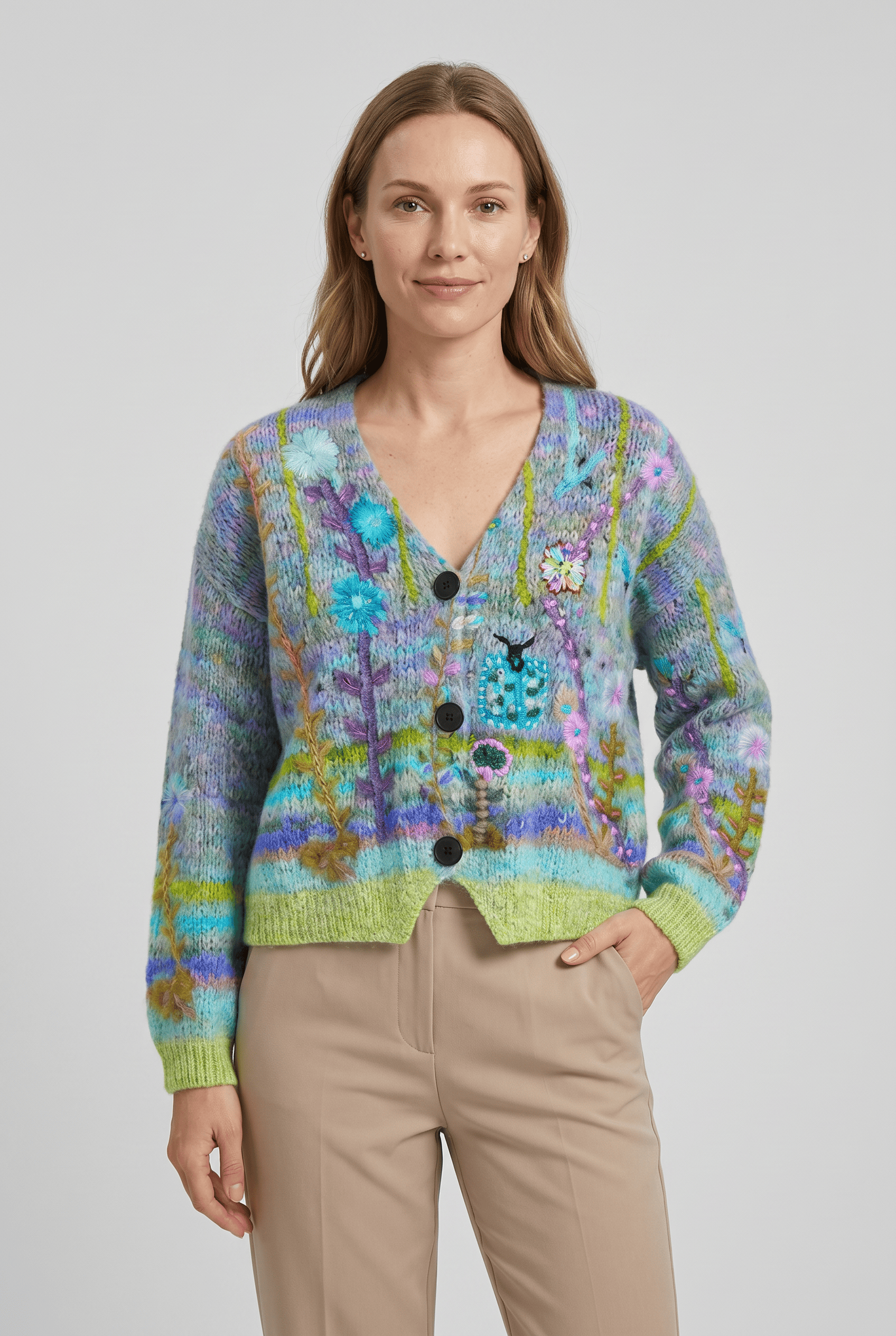 Women's V-Neck Floral Print Knit Cardigan | Button Up