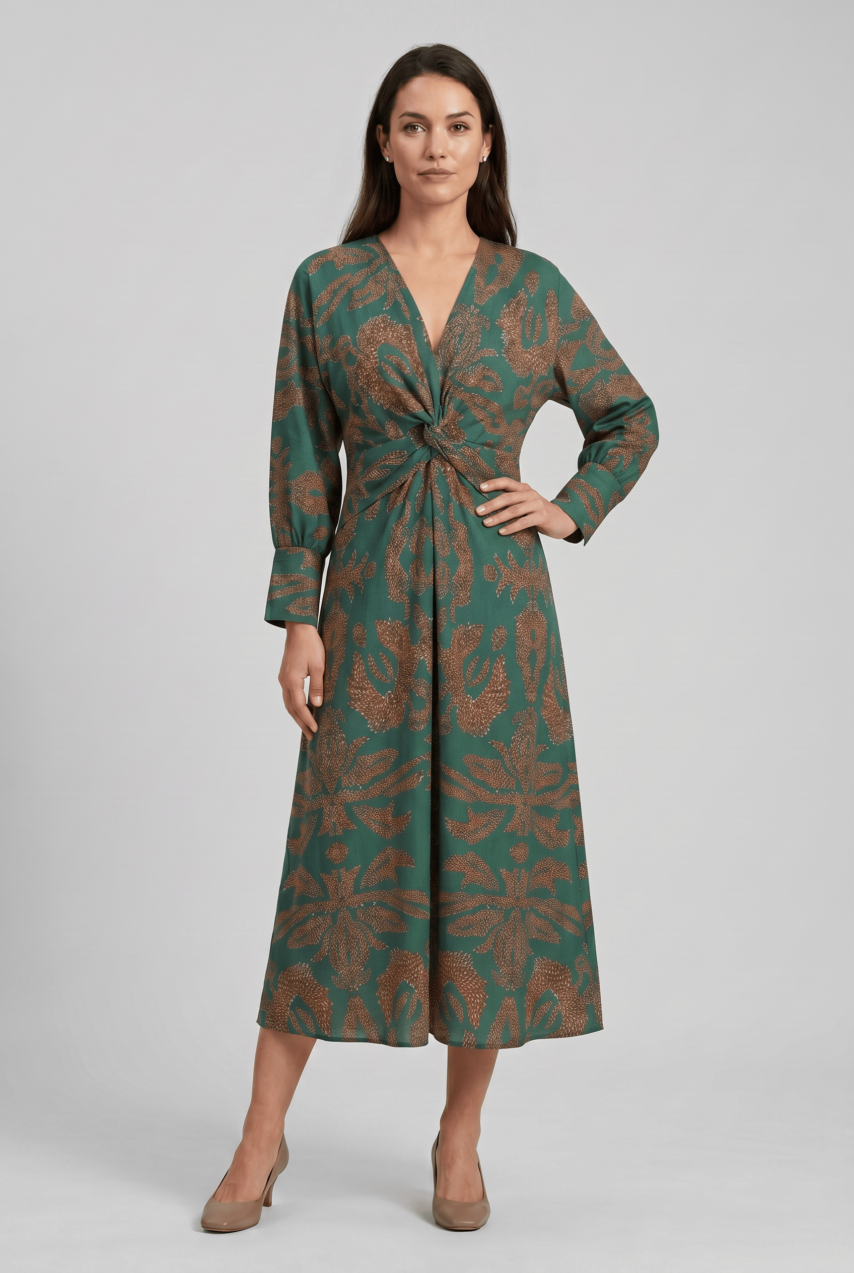 Women's V-Neck Long Sleeves Wrap Printed Boho Dress | Midi