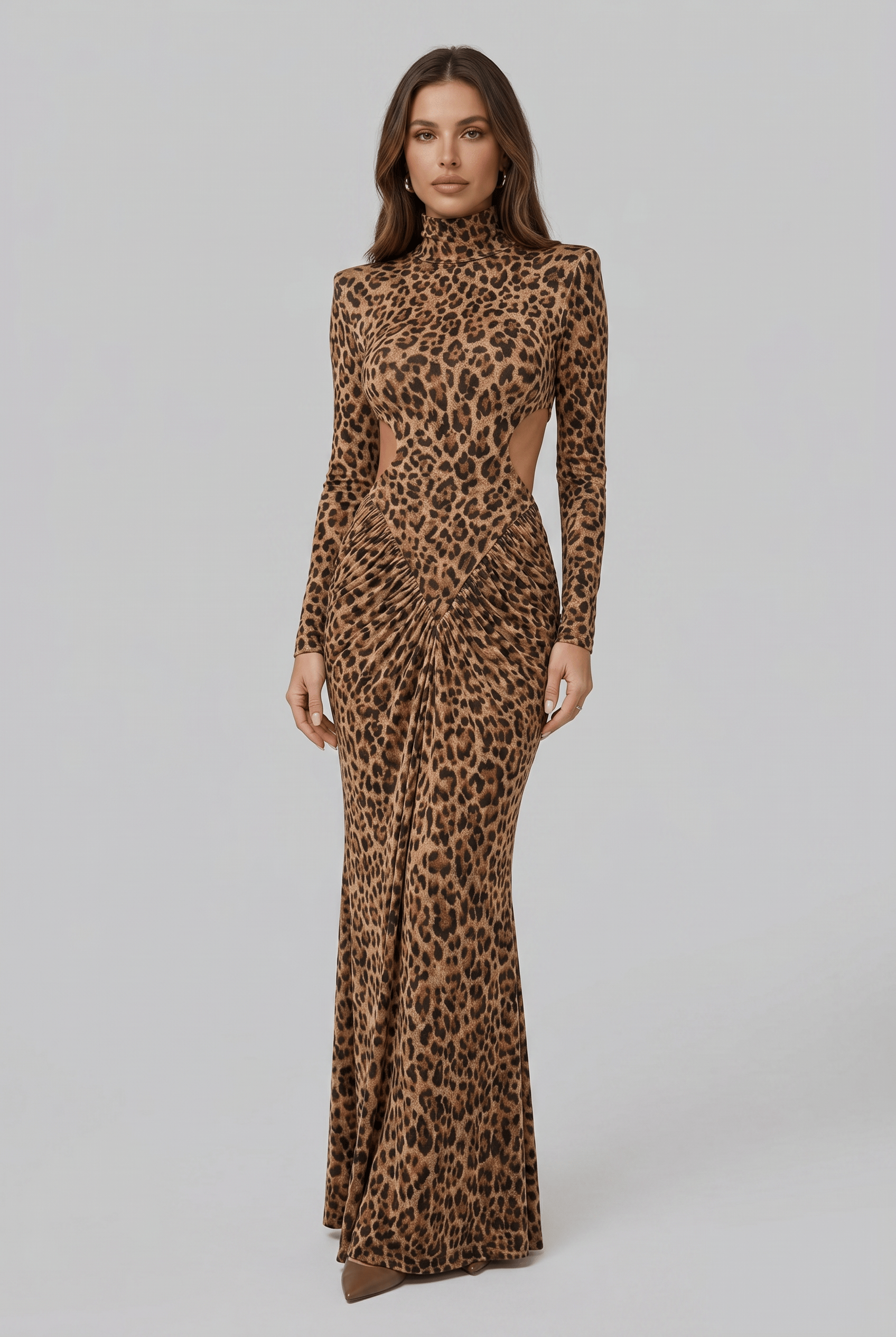 Women's High Neck Long Sleeves Ruched Open Back Dress | Maxi