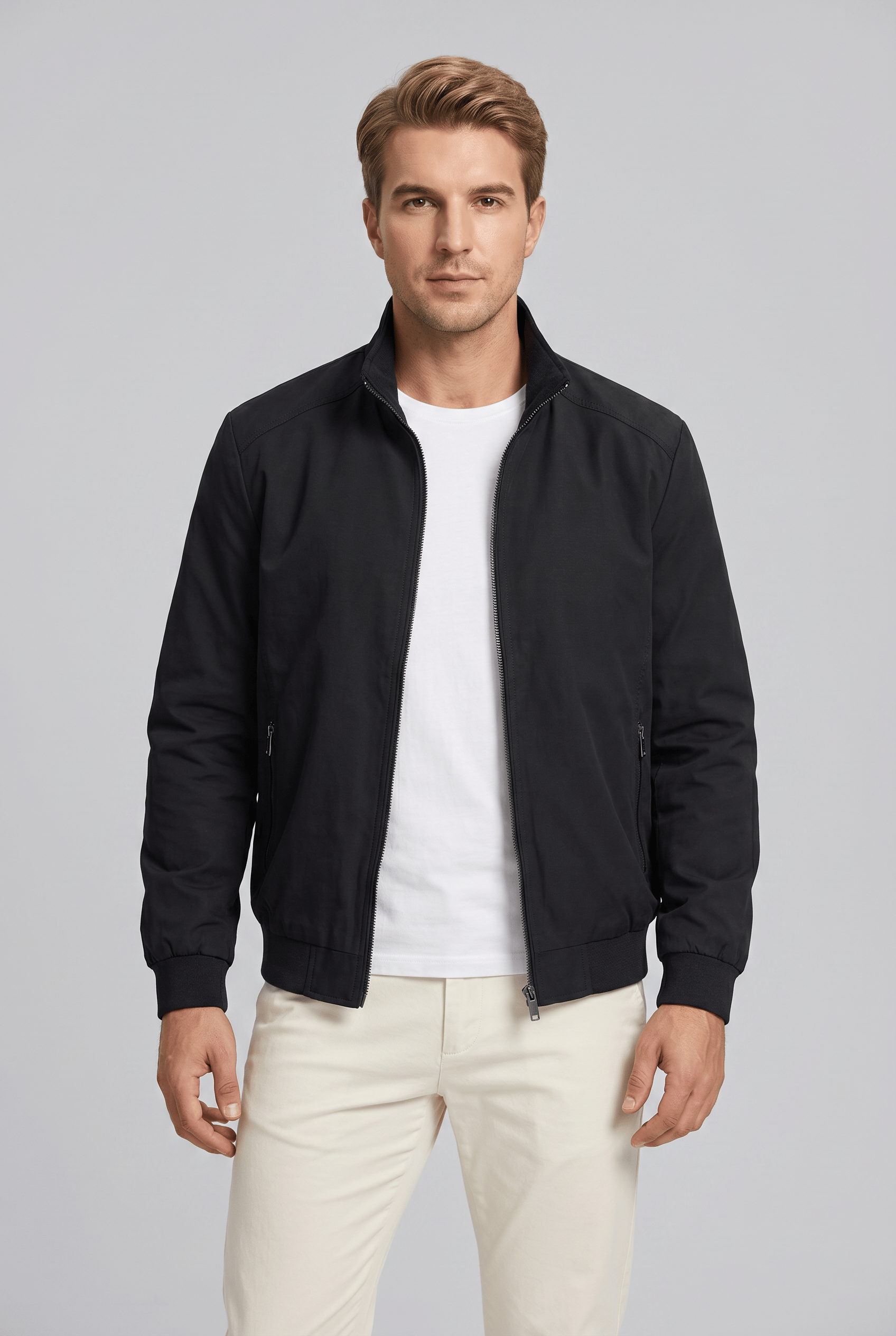 Men's Stand Collar Zipper Ribbed Cuff Jacket | Zip Pockets