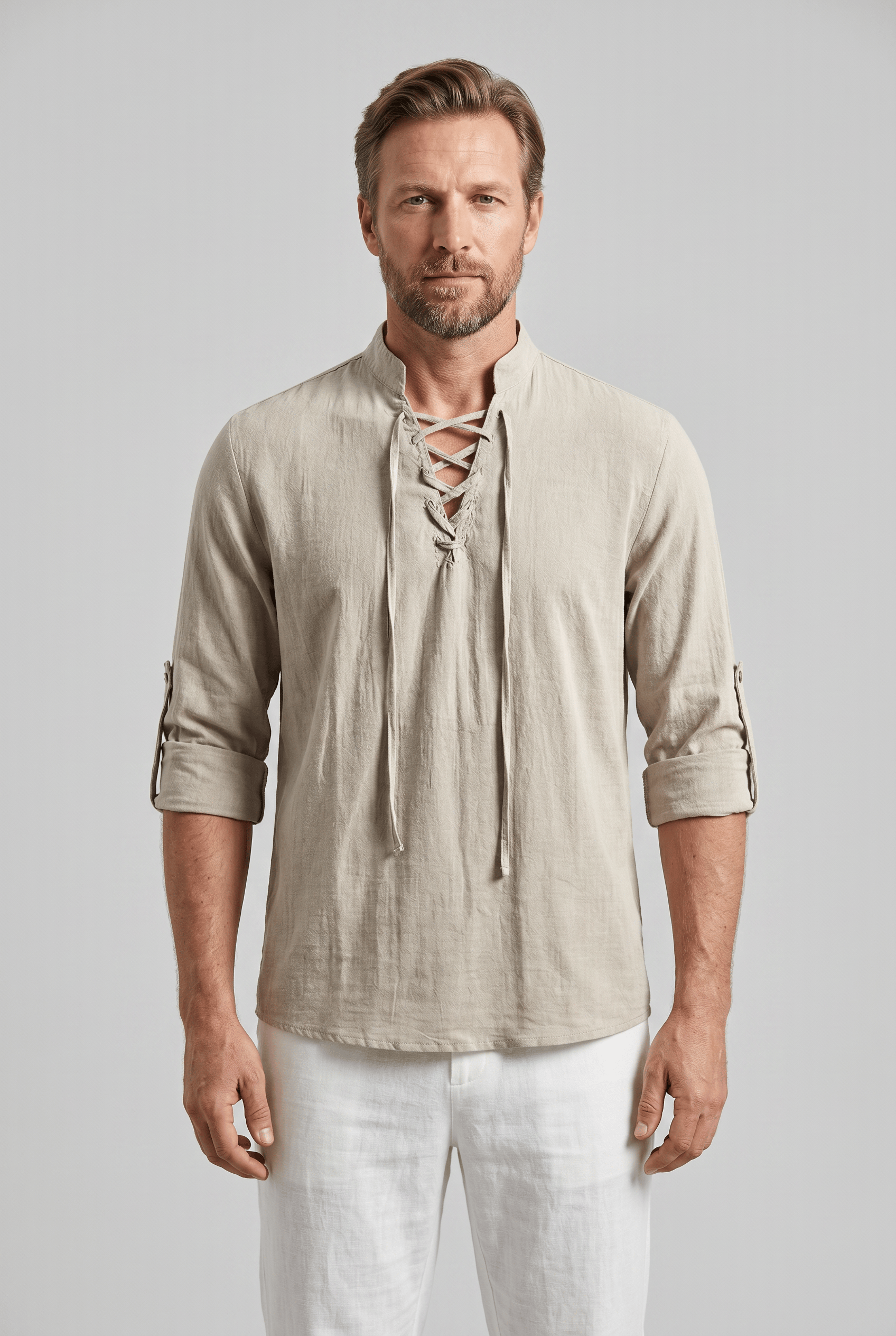 Men’s Lace Up Mandarin Collar 3/4 Sleeves Shirt | Casual