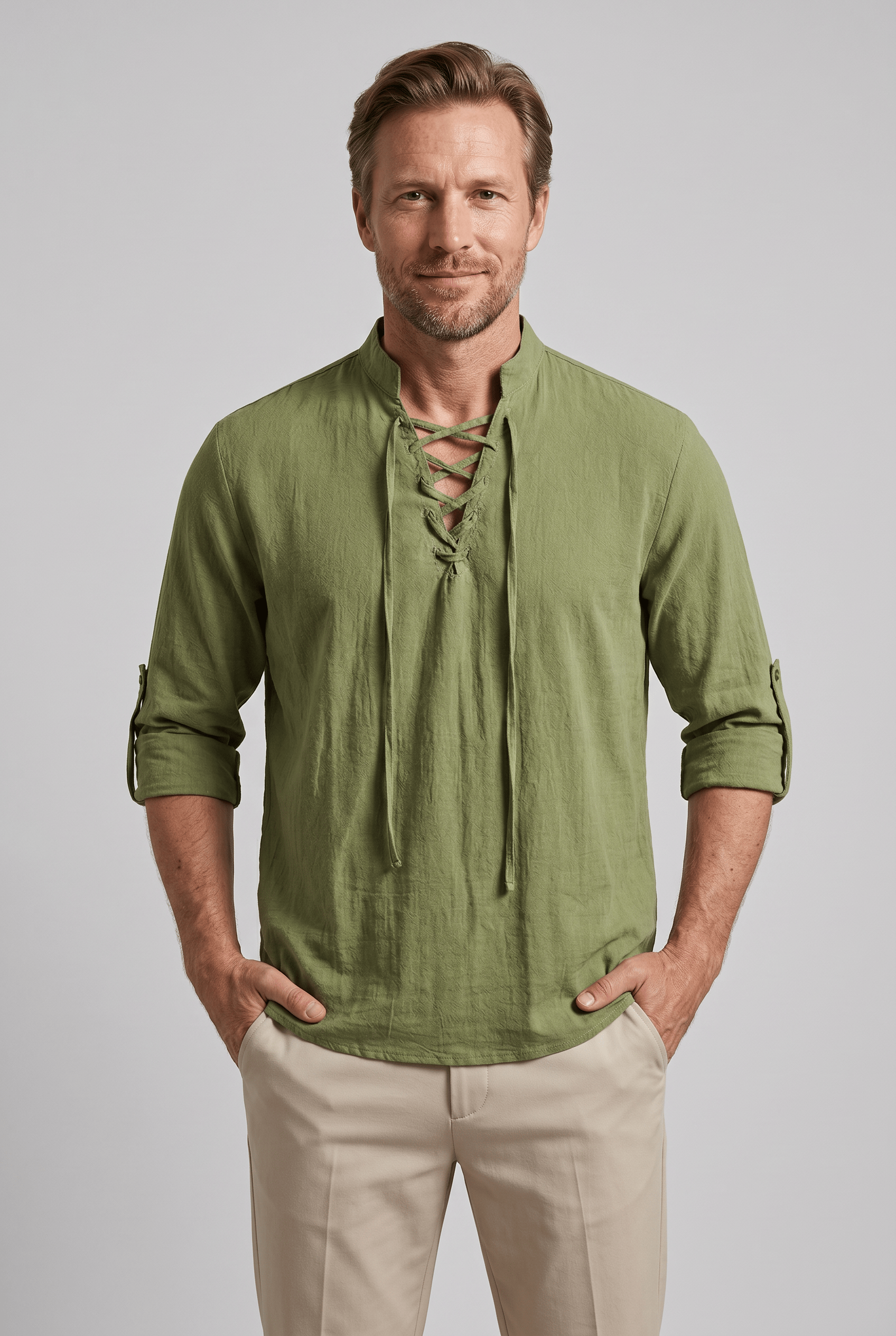 Men’s Lace Up Mandarin Collar 3/4 Sleeves Shirt | Casual