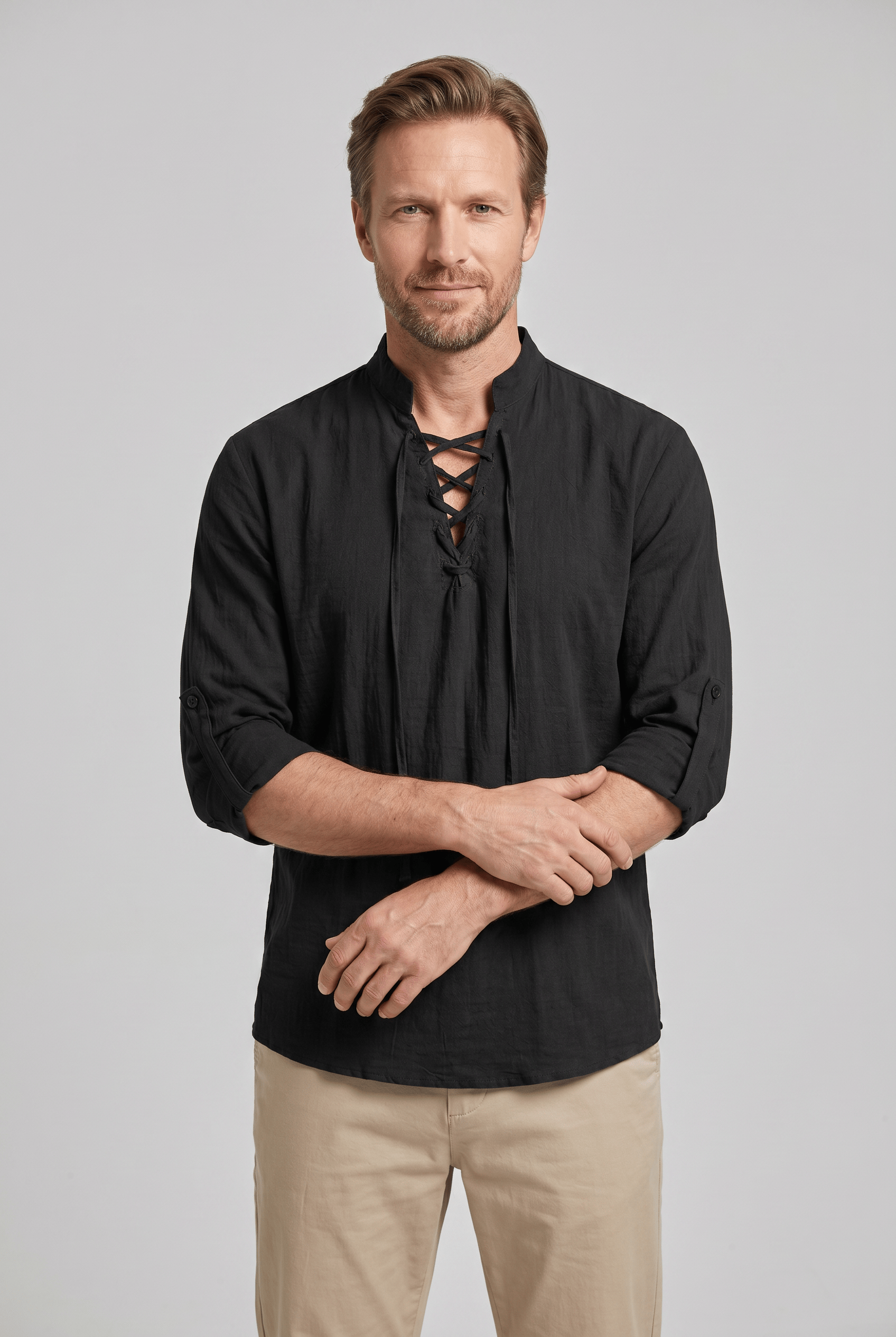 Men’s Lace Up Mandarin Collar 3/4 Sleeves Shirt | Casual