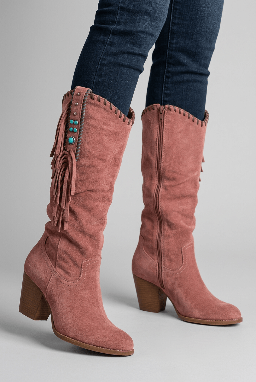 Women's Knee High Fringe Boots | Studded Block Heel