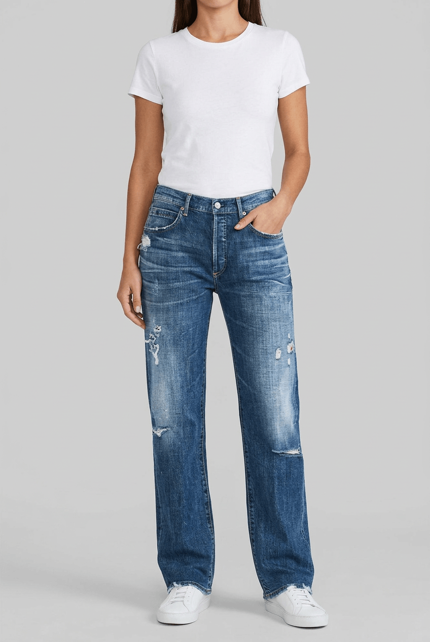 Women's Distressed Straight Jeans | Frayed Hem Rip Detail