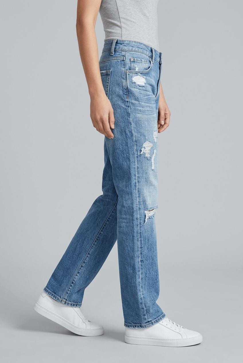 Women's Distressed Straight Jeans | Frayed Hem Rip Detail