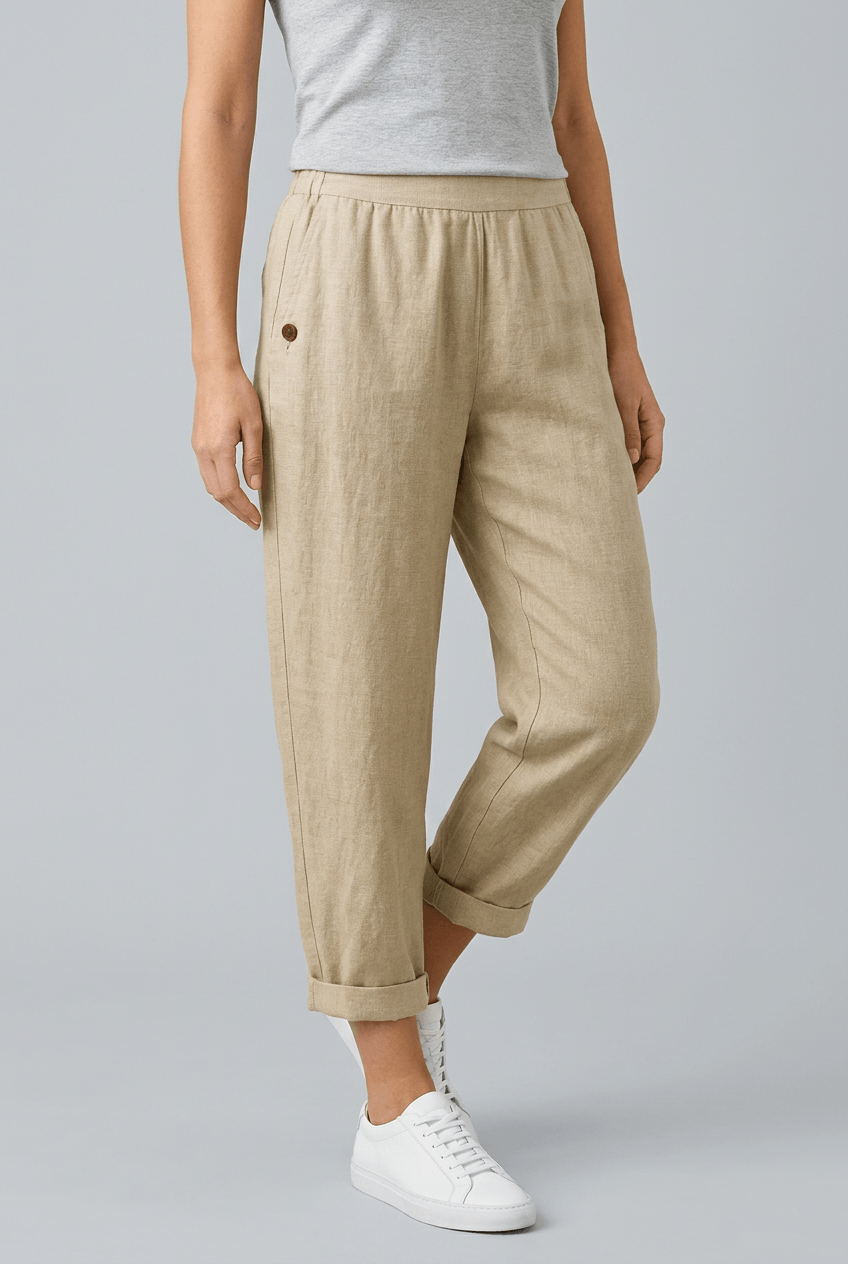 Women's Cropped Trousers | Elasticated Waist, Turn-Up Hem & Side Pocket