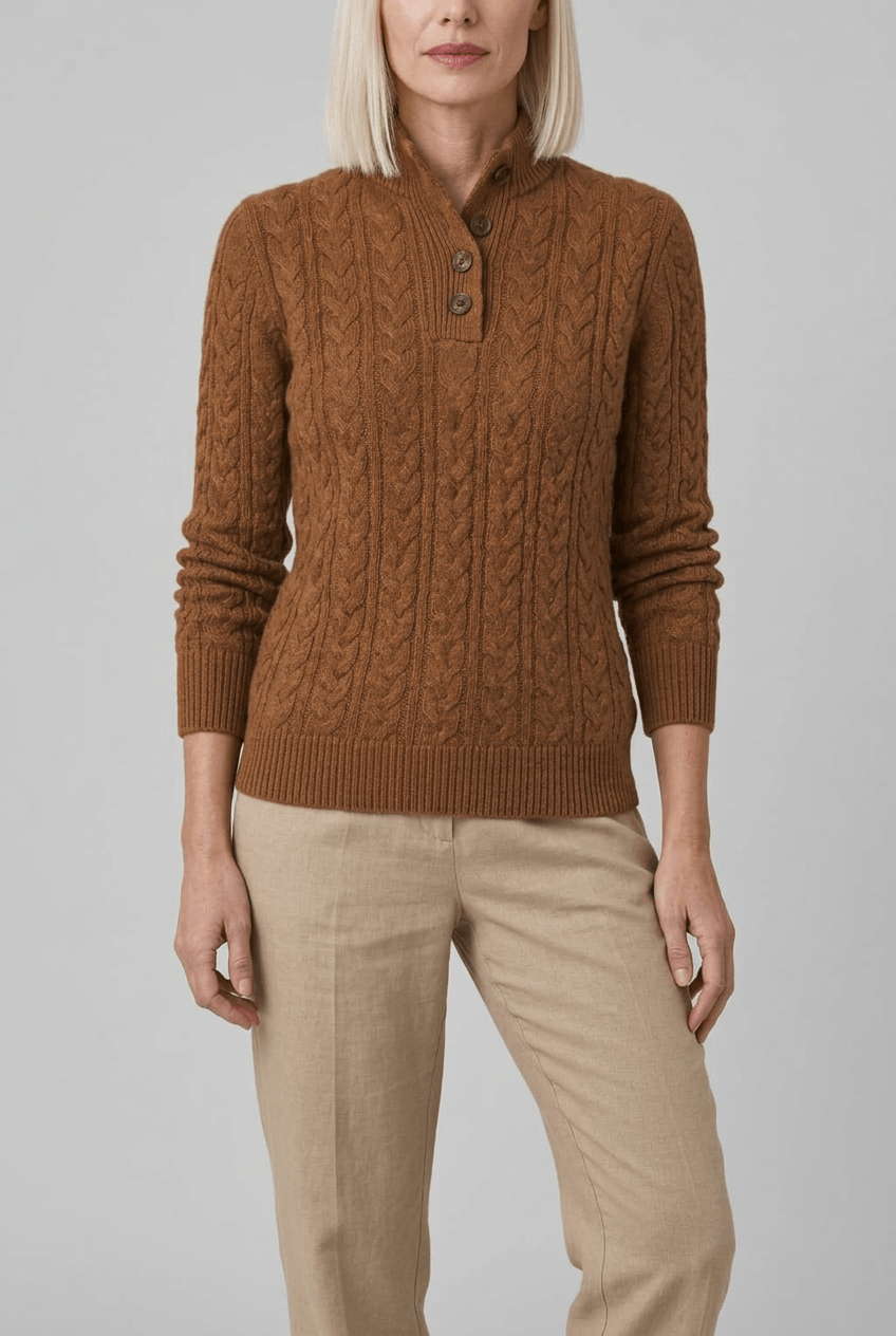 Women's Cable Knit Jumper | Button Stand Collar