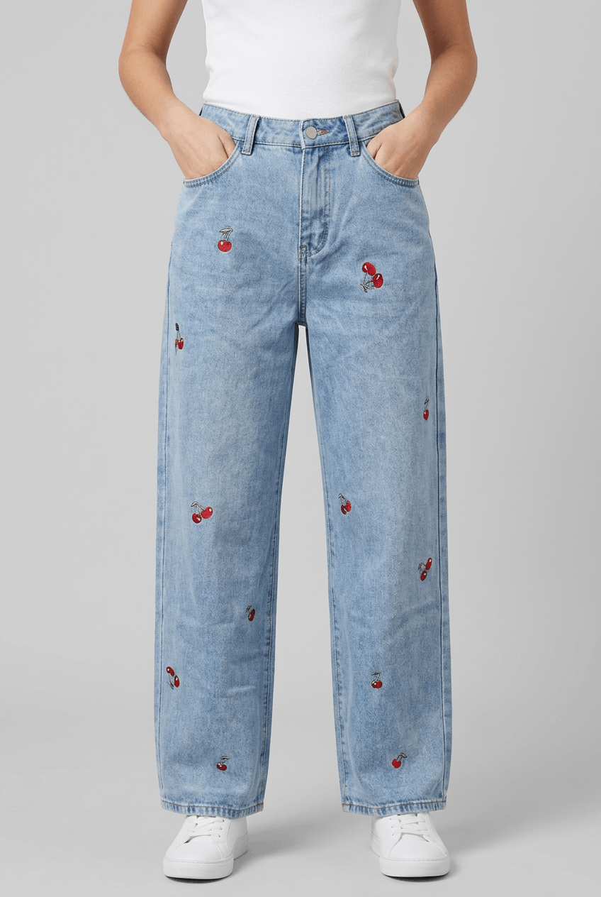 Women's Wide Leg Jeans | Cherry Embroidery