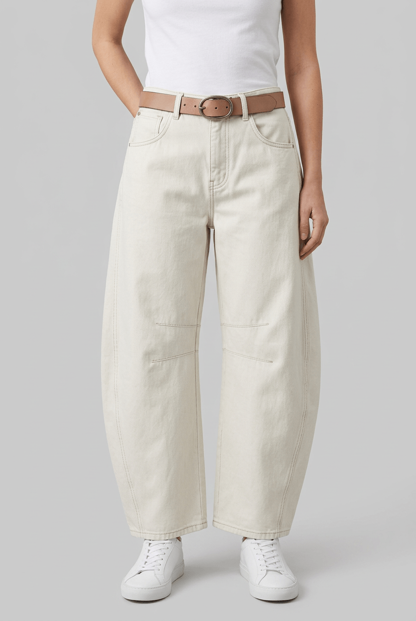 Women's High Waist Barrel Leg Jeans | Knee Stitch Detail