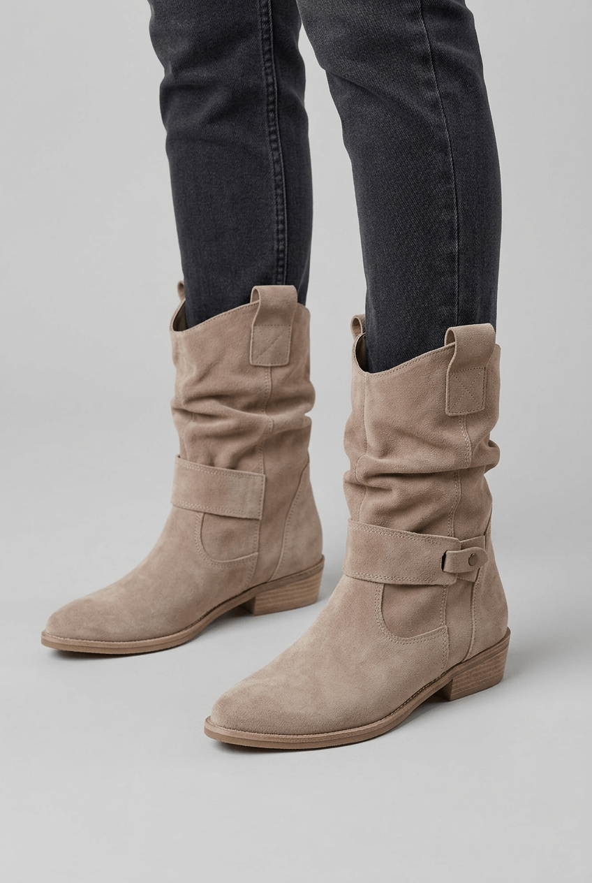 Women's Suède Slouch Mid-Calf Boots | Low Block Heel & Side Zip