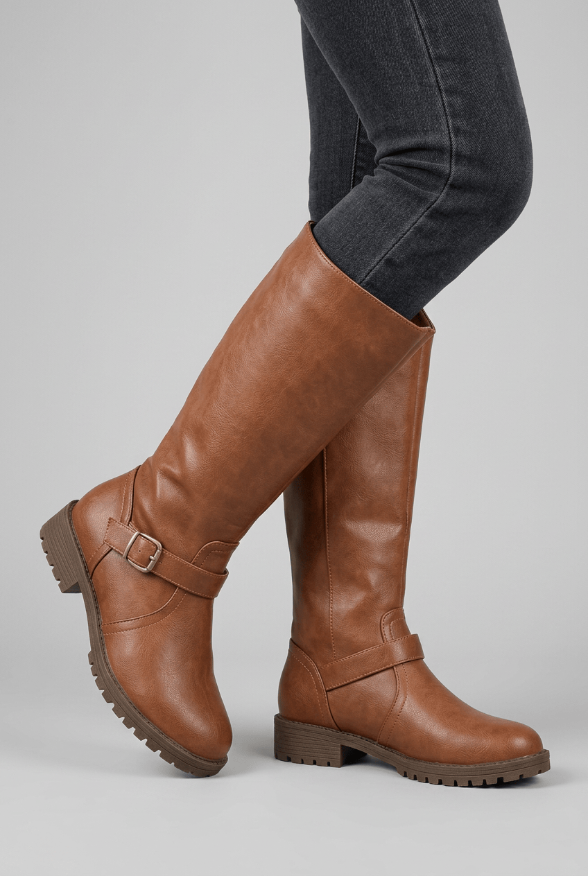 Women's Knee High Boots | Low Block Heel & Buckle Detail