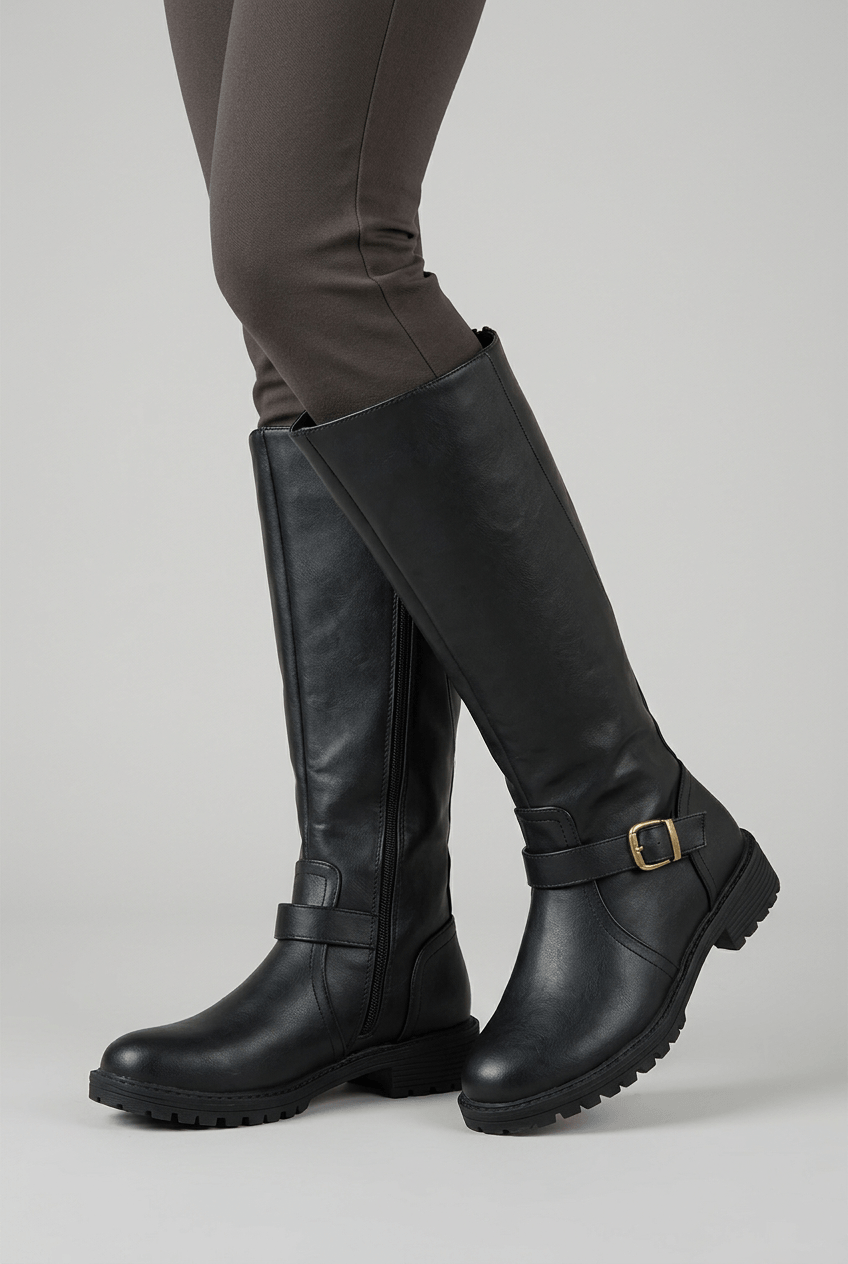 Women's Knee High Boots | Buckle Strap & Side Zip