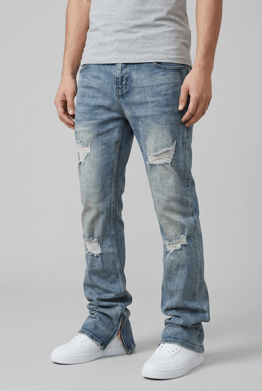 Men's Distressed Straight-Leg Jeans | Ripped Knee & Leg Zip