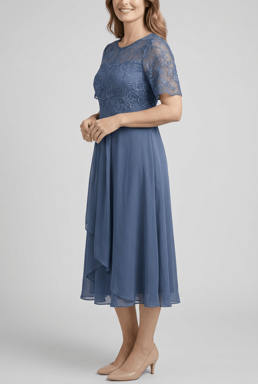 Women's Wedding Guest Dress Midi | Embroidered Illusion Bodice & Cascade Skirt