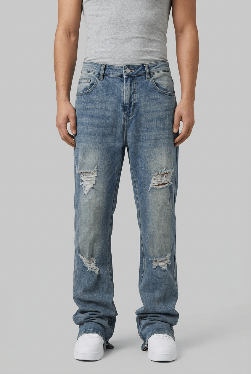 Men's Distressed Straight-Leg Jeans | Ripped Knee & Leg Zip