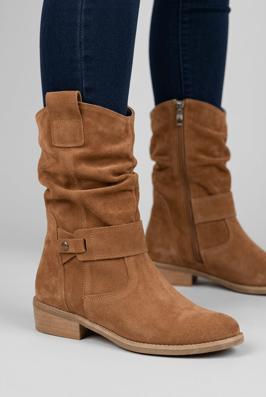 Women's Suède Slouch Mid-Calf Boots | Low Block Heel & Side Zip