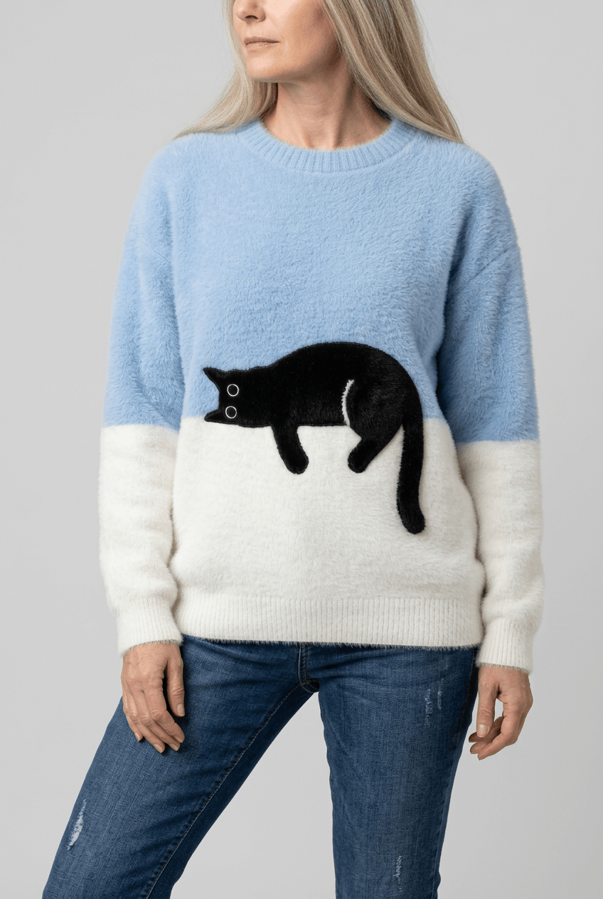 Women's Cat Motif Knit Jumper | Ribbed Crewneck