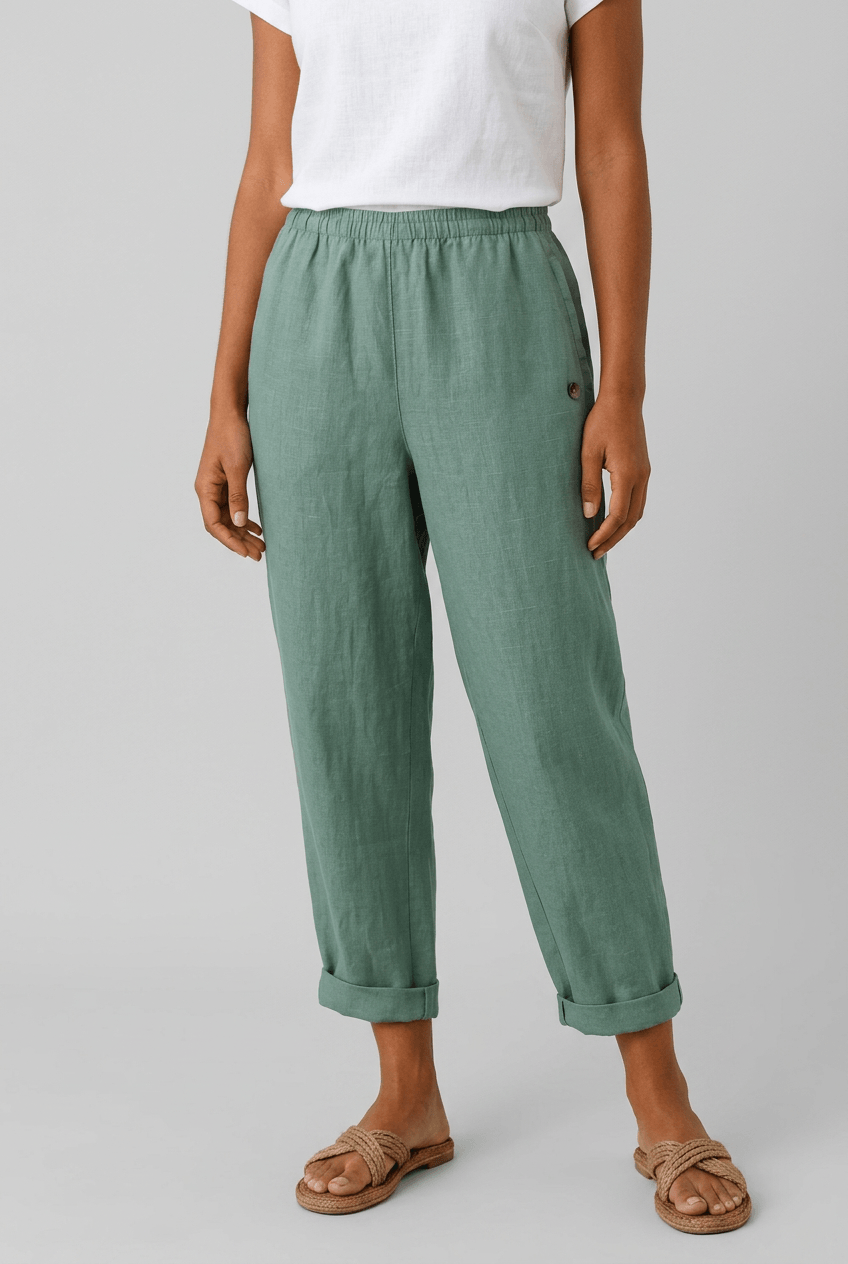 Women's Cropped Trousers | Elasticated Waist, Turn-Up Hem & Side Pocket