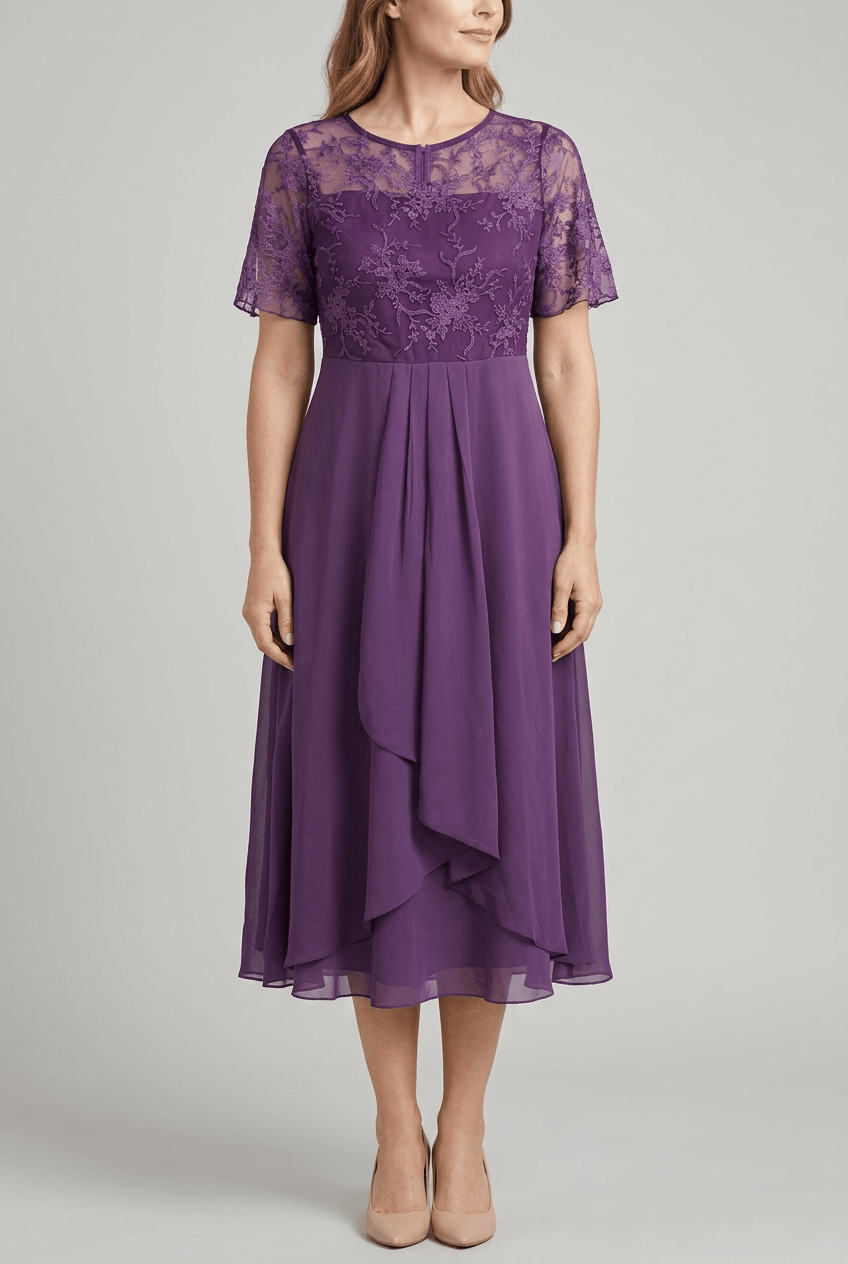 Women's Wedding Guest Dress Midi | Embroidered Illusion Bodice & Cascade Skirt