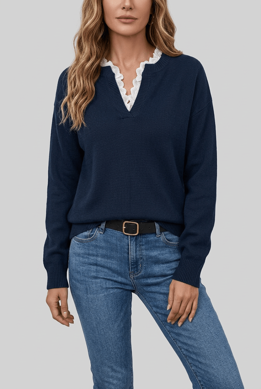 Women's V-Neck Jumper | Contrast Trim & Ribbed Cuffs