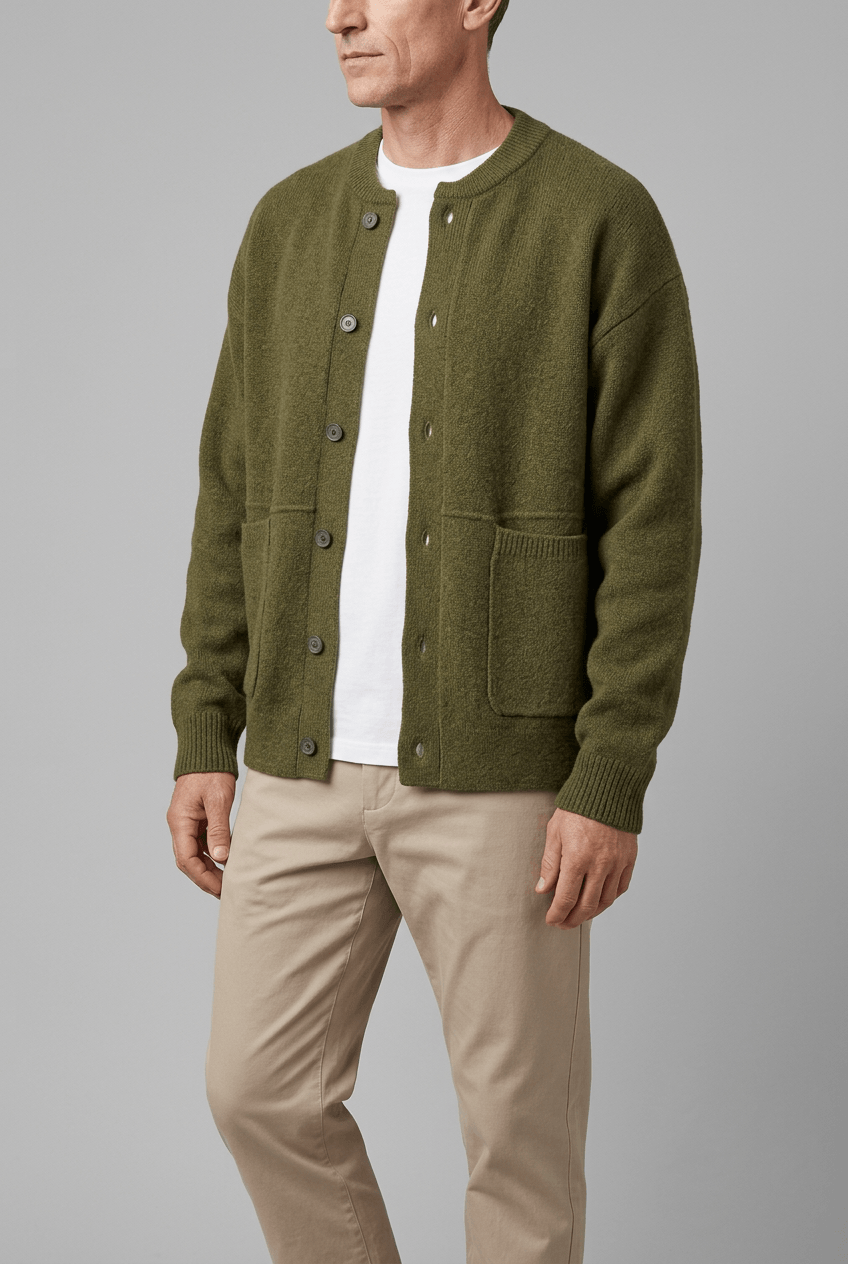 Men's Knitted Cardigan | Button Front & Crew Neck