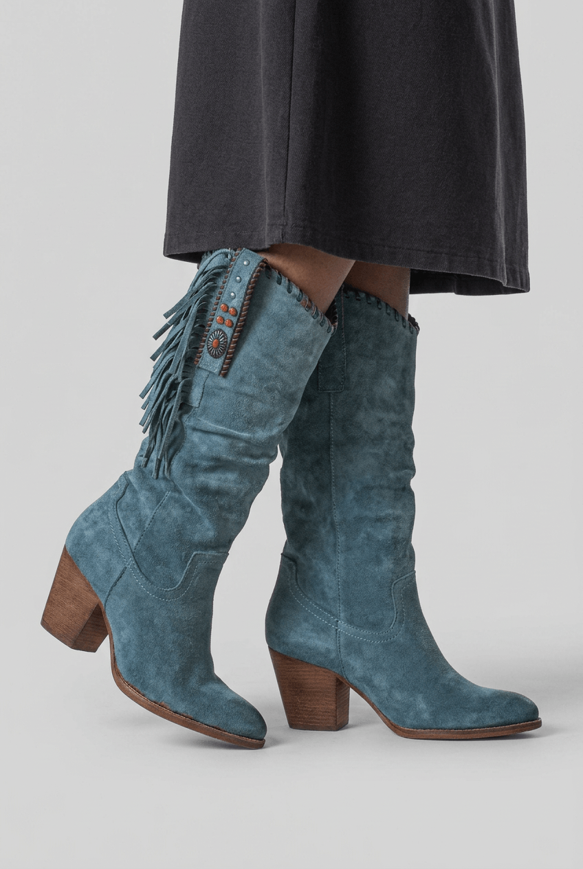 Women's Knee High Fringe Boots | Studded Block Heel